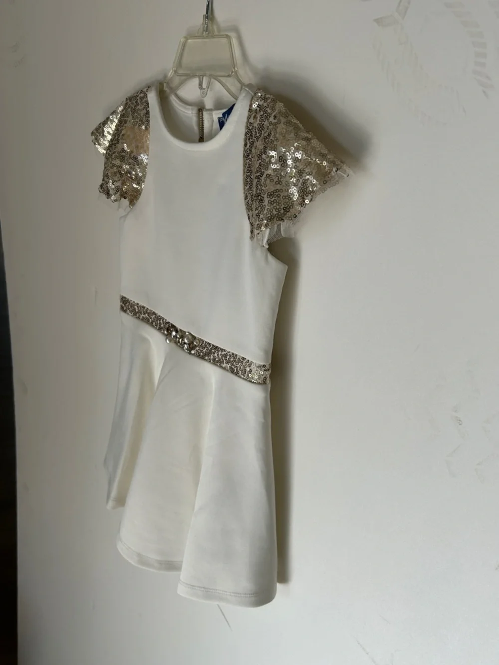 Truly Me Off White Party Dress with Gold Sequin Accents and Pearls. Lined. NWT!